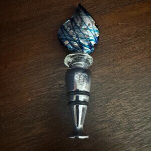 Murano Glass Swirl Blue Silver Flame Feather Design Wine Bottle Stopper Plug